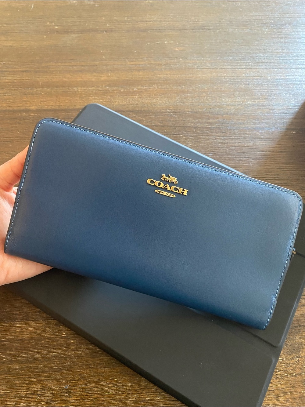 Coach Navy Leather Zip Wallet with Gold Logo